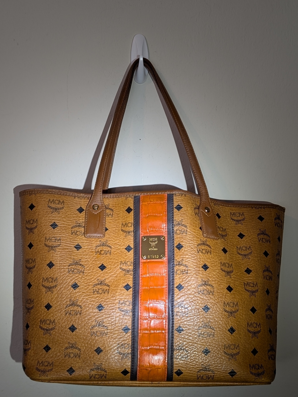 MCM Cognac Visetos Printed Leather Tote with Orange Accent  Excellent